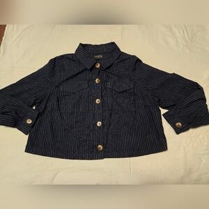 Lane Bryant Cropped Shirt Jacket Blue & White Pinstripe Linen Blend Size 18